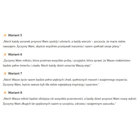 Życzenia ślubne warianty 5-8 – personalizowane teksty do drewnianych kopert, pamiątka ślubna.